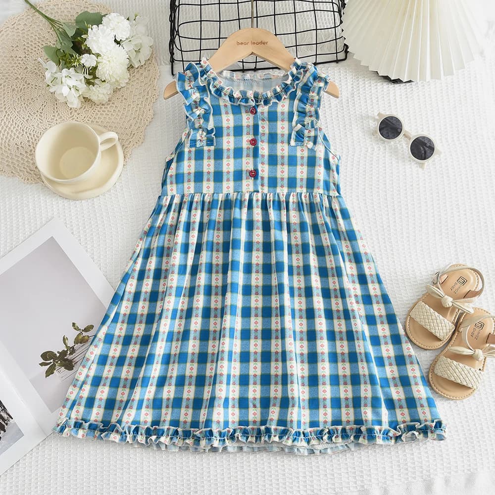 Summer Fashion 3-7Years Girl Round Neck Print Princess Dress Mushroom Edge Casual Kids Clothes