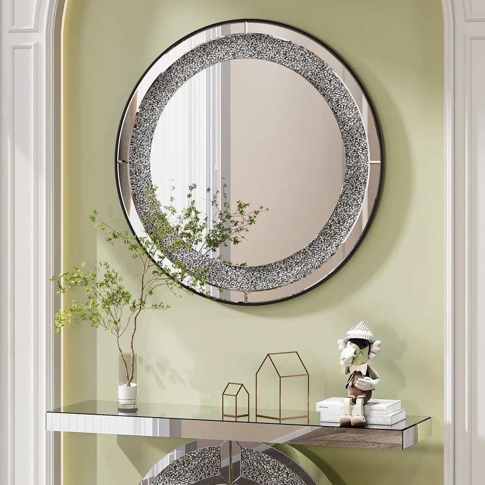 Specchio da Parete Rotondo in Cristallo Effetto Diamante, 85cm, Argento Scintillante, Specchio Decorativo per Casa, Bagno, Soggiorno