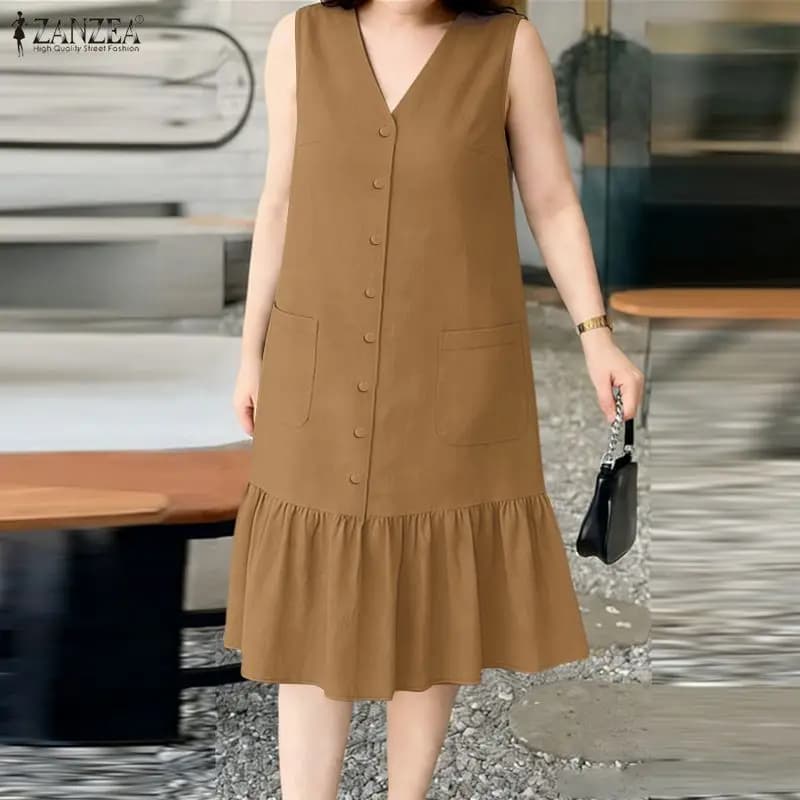 ZANZEA 2026 Abito Estivo Elegante con Scollo a V Senza Maniche, Vestito Midi da Donna alla Moda con Volant, Abito Casual da Lavoro e Vacanza