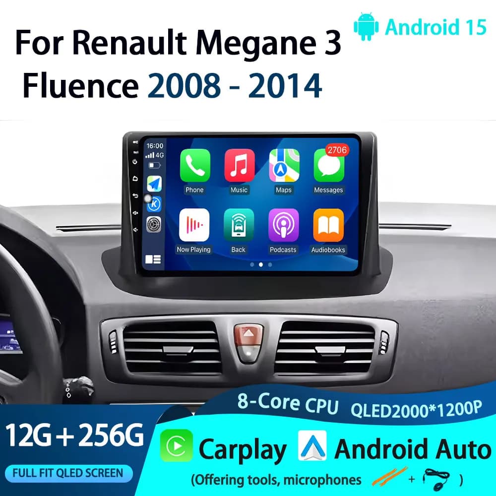 No 2 Din Android 15 Autoradio Multimedia video player for Renault Megane 3 Fluence 2008 - 2014 GPS navigation Carplay Auto RDS