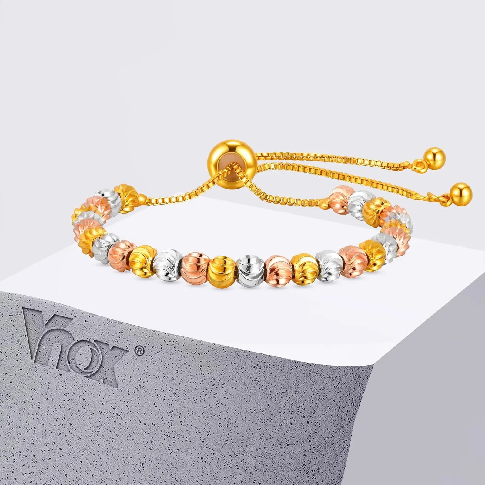 Vnox Charm Three Color Beads Bracelet For Women, Unique Design Elastic Wrist Adjustable Chain, Fashion Jewelry New Style