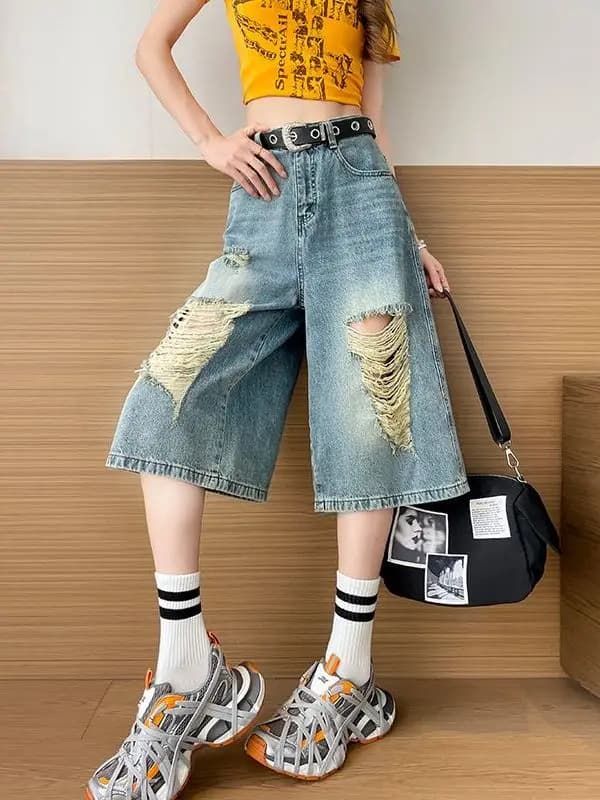 Retro Style Seven-Foot Women's Jeans Summer New American Washed Loose Wide Leg Pants Natural Waist Denim Cotton Polyester Blend