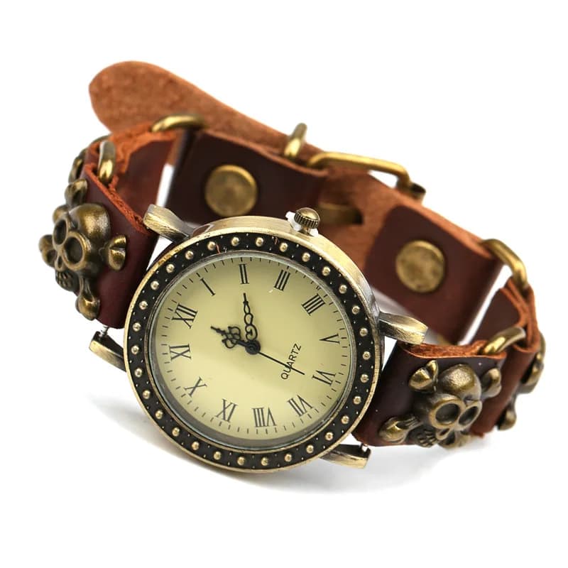 New Fashion Women's Genuine Leather Quartz Wrist Watch Accessories With Vintage Alloy Skull Bracelet With Belt Buckle