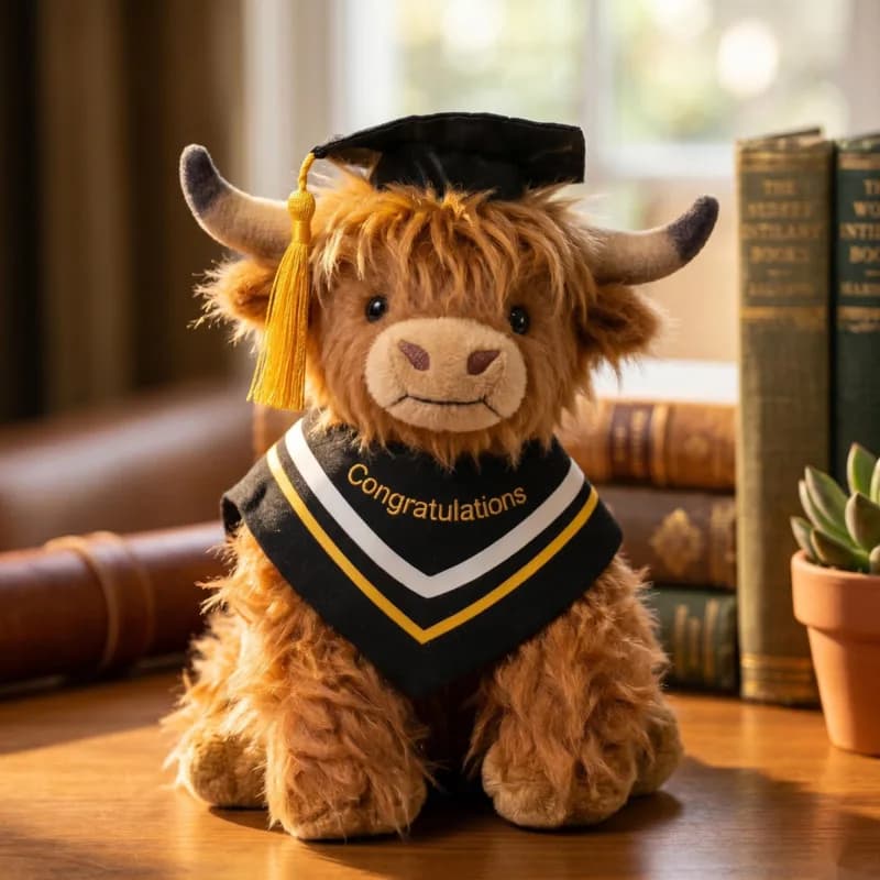 Peluche di mucca delle Highland con cappello, realistico, a pelo lungo scozzese, per decorazioni da tavolo, regalo accogliente per bambini e ragazzi