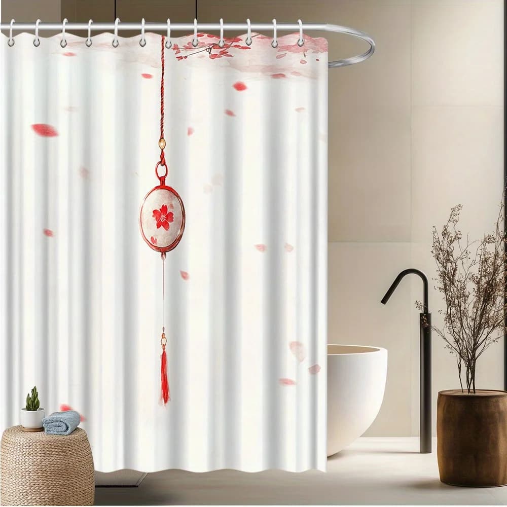 Tenda da doccia con monete Cherry Blossom - Design floreale rosso e monete, poliestere resistente allo sbiadimento, elegante arredamento da bagno