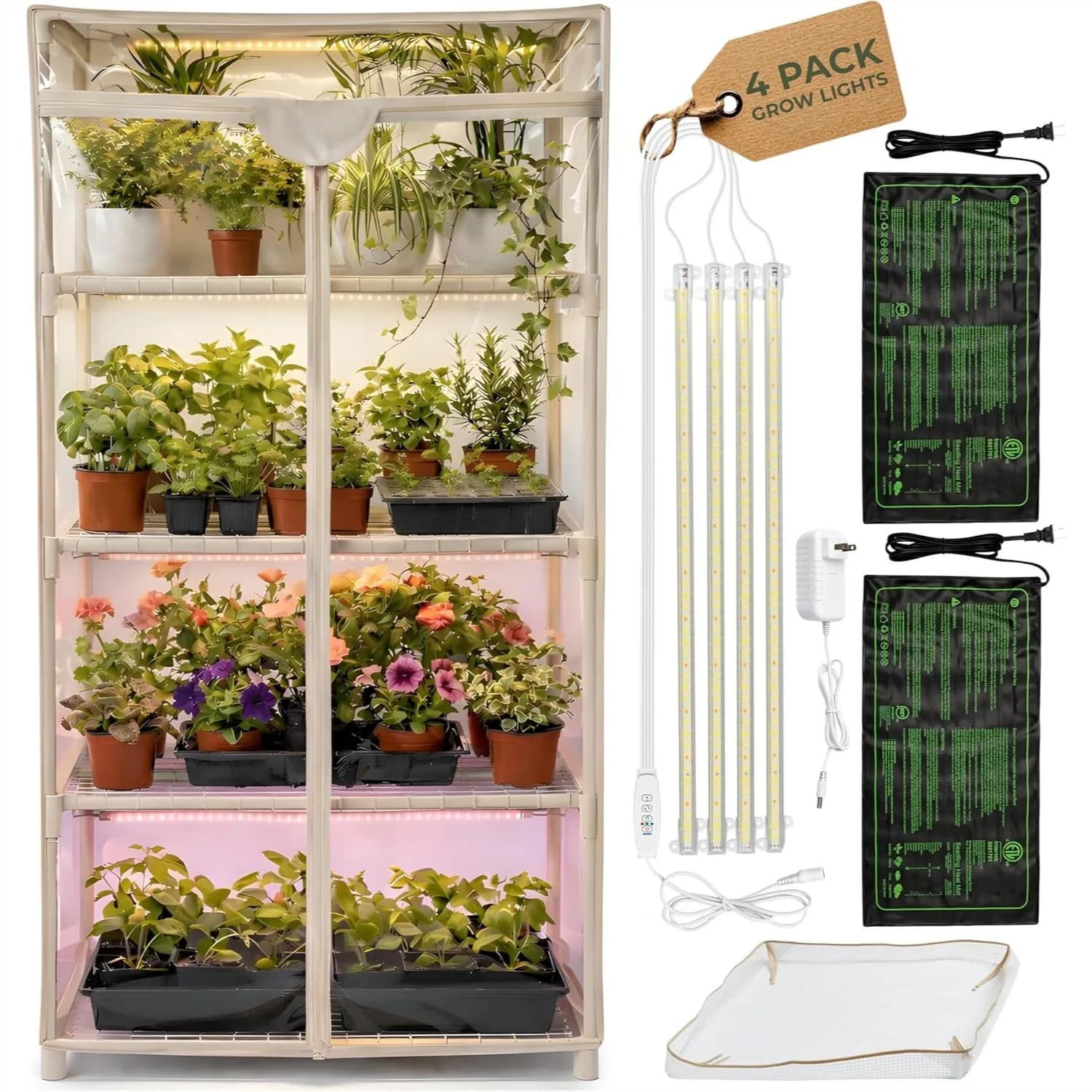 Serra da Interno con Luci per Coltivazione, Mini Serra a 4 Livelli con Tappetini Riscaldanti e Strisce LED a Spettro Completo, Copertura Portatile in PVC con Cerniera