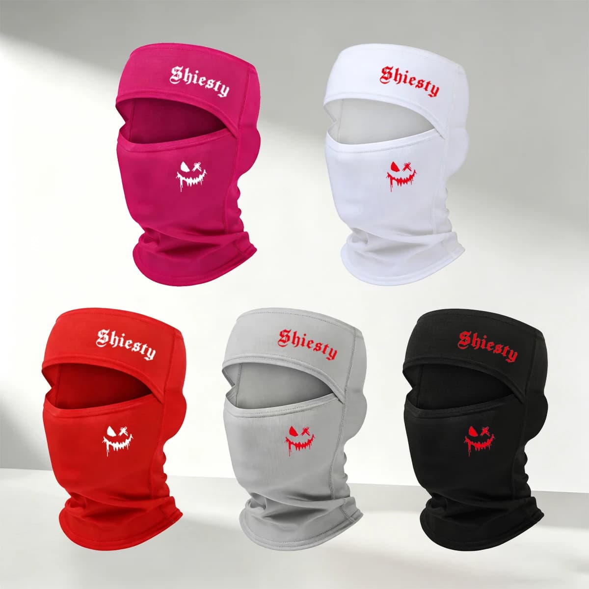 Balaclava Shiesty da uomo 1/2/3/4/5 pezzi - Maschera integrale con stampa Sorriso Malvagio Rosso, Copricapo antivento per esterni