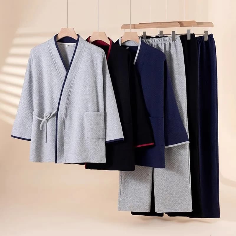 Abito kimono giapponese da uomo Pigiama in cotone 100% aria Pantaloni a maniche lunghe Abito kimono in due pezzi per uomo Indumenti da notte semplici in due pezzi