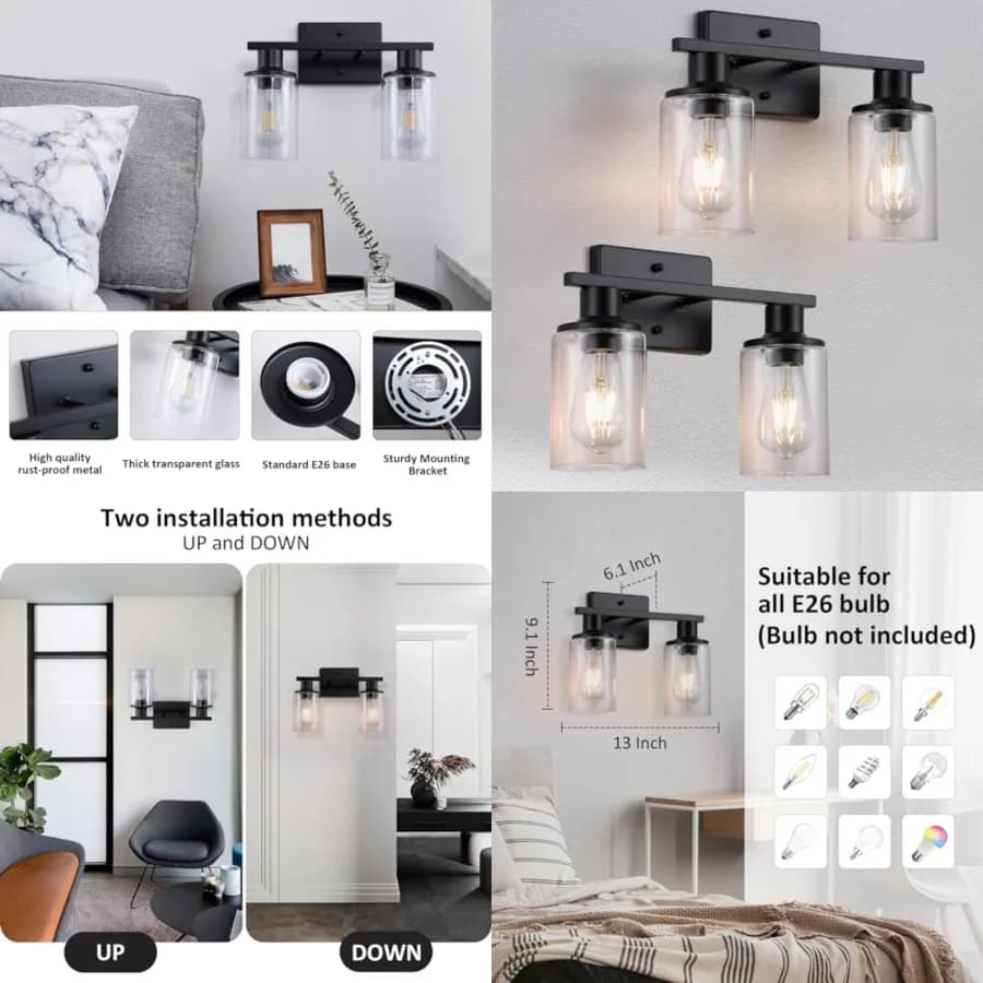 Lampade da Bagno Opache da Appendere Sopra lo Specchio, Illuminazione per Vanità da Bagno con Paralume in Vetro Trasparente, Applique Moderne Stile Rustico