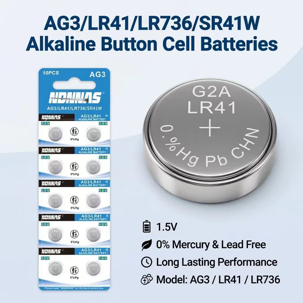 Batterie alcaline a bottone AG3 LR41 LR736 SR41W 1.5V senza piombo (0% Hg) per orologi, calcolatrici, termometri, giocattoli e piccoli dispositivi elettronici