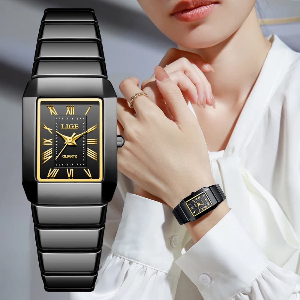 LIGE Fashionable Fashionable Women's Square Black Ceramic Quartz Wrist Watch Women's Casual Ceramic Waterproof