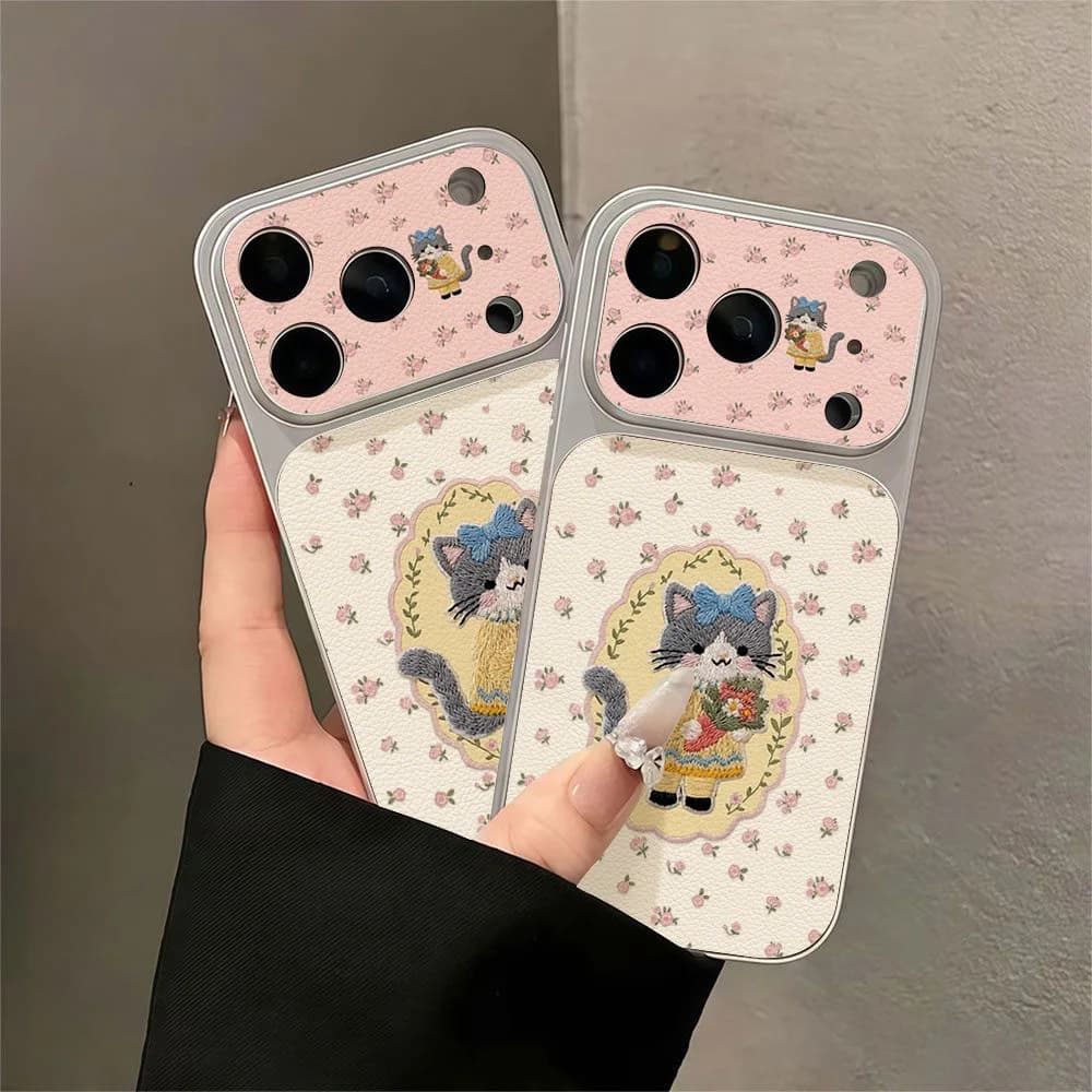 Cute Cartoon Flowers And Cat Leather Phone Case For iPhone 17 Pro Max 17 16 15 13 12 Pro 14 12 11 Shockproof Bumper Fundas Cover