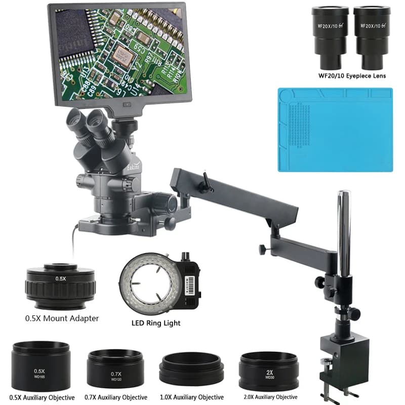 Microscopio stereo trinoculare focale simul con morsetto a colonna con braccio articolato 3,5X 90X 1080P IMX335 Videocamera con monitor LCD da 11,6 pollici