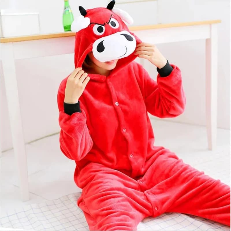 lHalloween Cosplayl Kigurumi Winter New Red Bull Onesies Costume For Women Pigiama Flannel With Hood Animal Home On