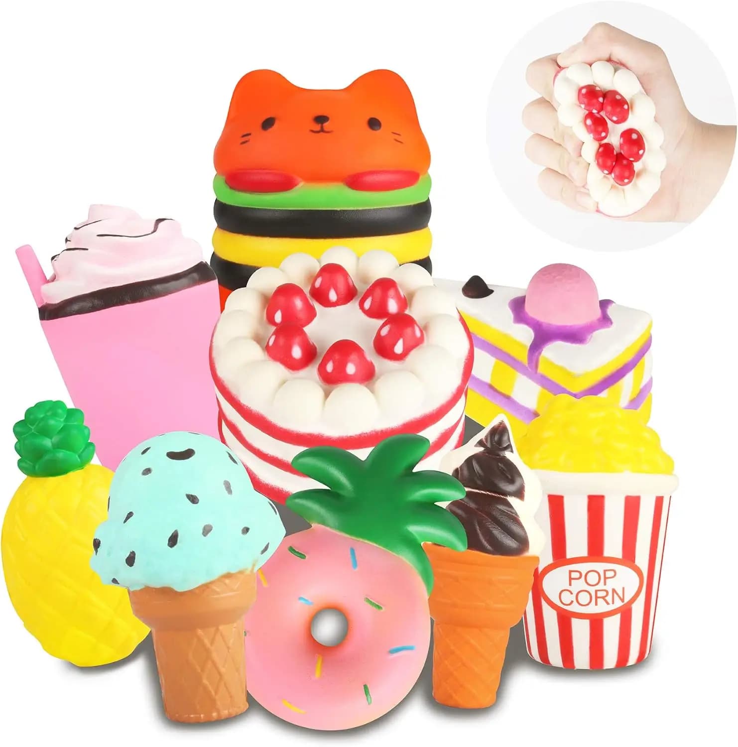 Set di Giocattoli Squishy Giganti Morbidi - Confezione da 9 Pezzi Kawaii: Hamburger, Popcorn, Torta, Gelato, Ciambella