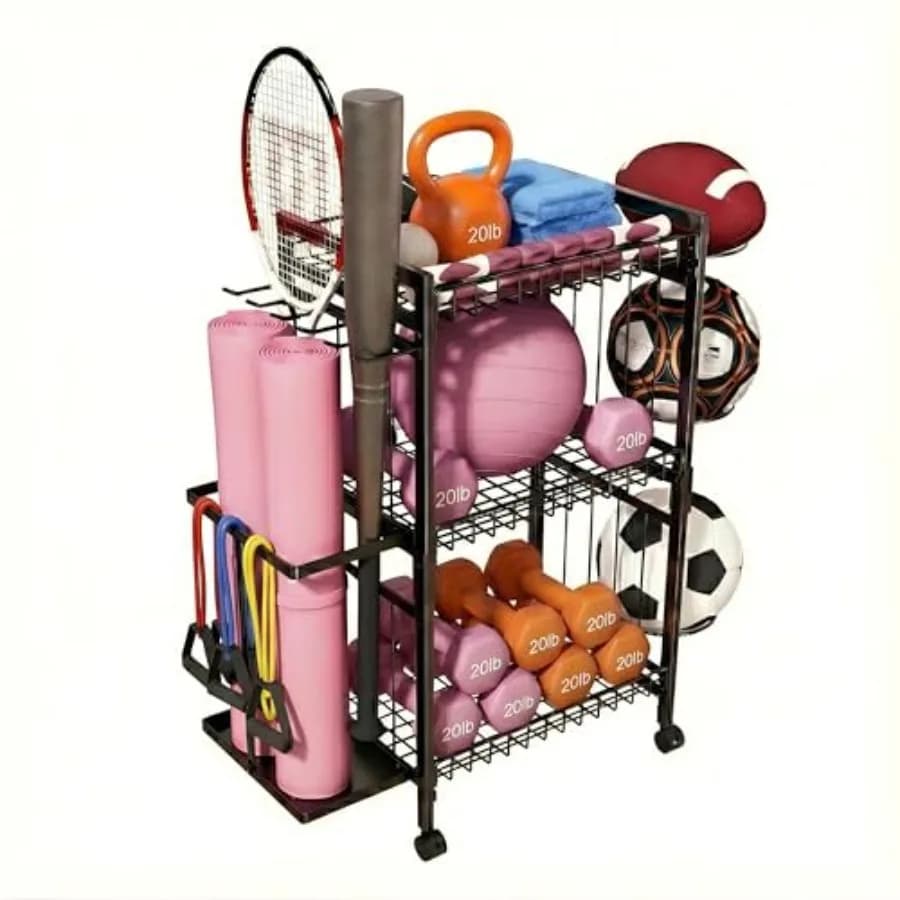 Multi-functional gym rack with wheels for yoga mats, kettlebells, balloons and foam rollers, durable, 3 levels
