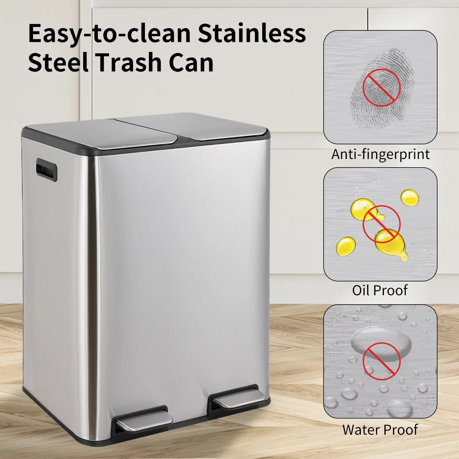 Cestino per rifiuti a doppio scomparto in acciaio inox con pedaliera, 60L/16 galloni, con filtro integrato, per cucina, riciclo e smaltimento rifiuti.