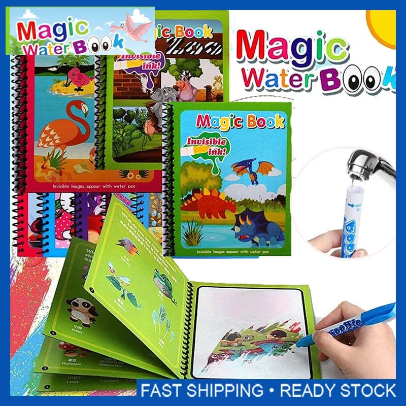 Magical Book Water Drawing Reusable Coloring Book Magic Water Drawing Book with Pen Ocean Dinosaur Animal Water Drawing Pictures