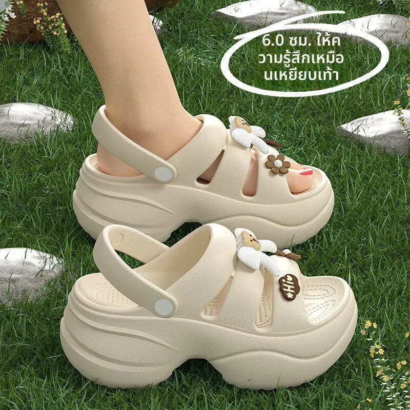 Ladies Soft Bottom Anti-Slip Sandals New Hole Hole Shoes Thick Heel Heightening Summer EVA Covered Head Two-Way Beach Shoes