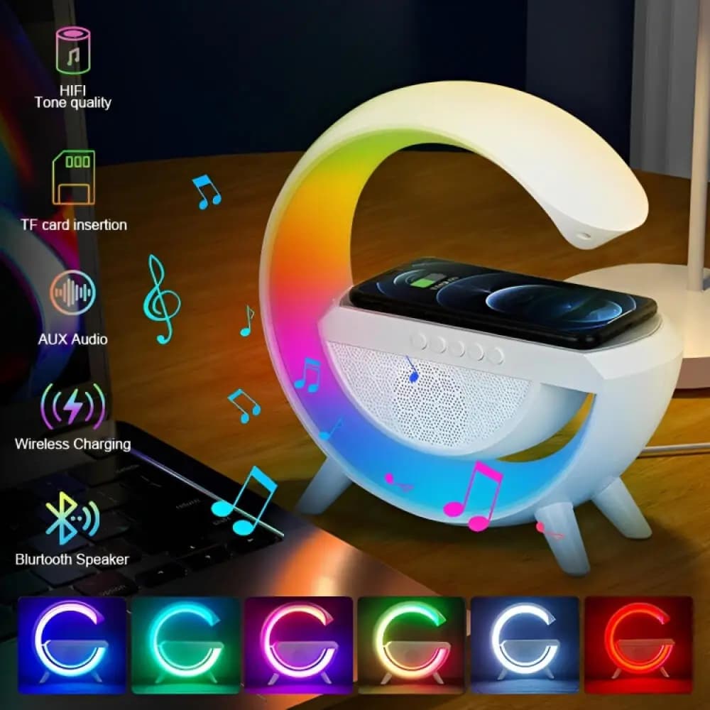 Altoparlante Bluetooth con Caricatore Wireless, Lampada da Tavolo RGB, Sveglia e Illuminazione LED