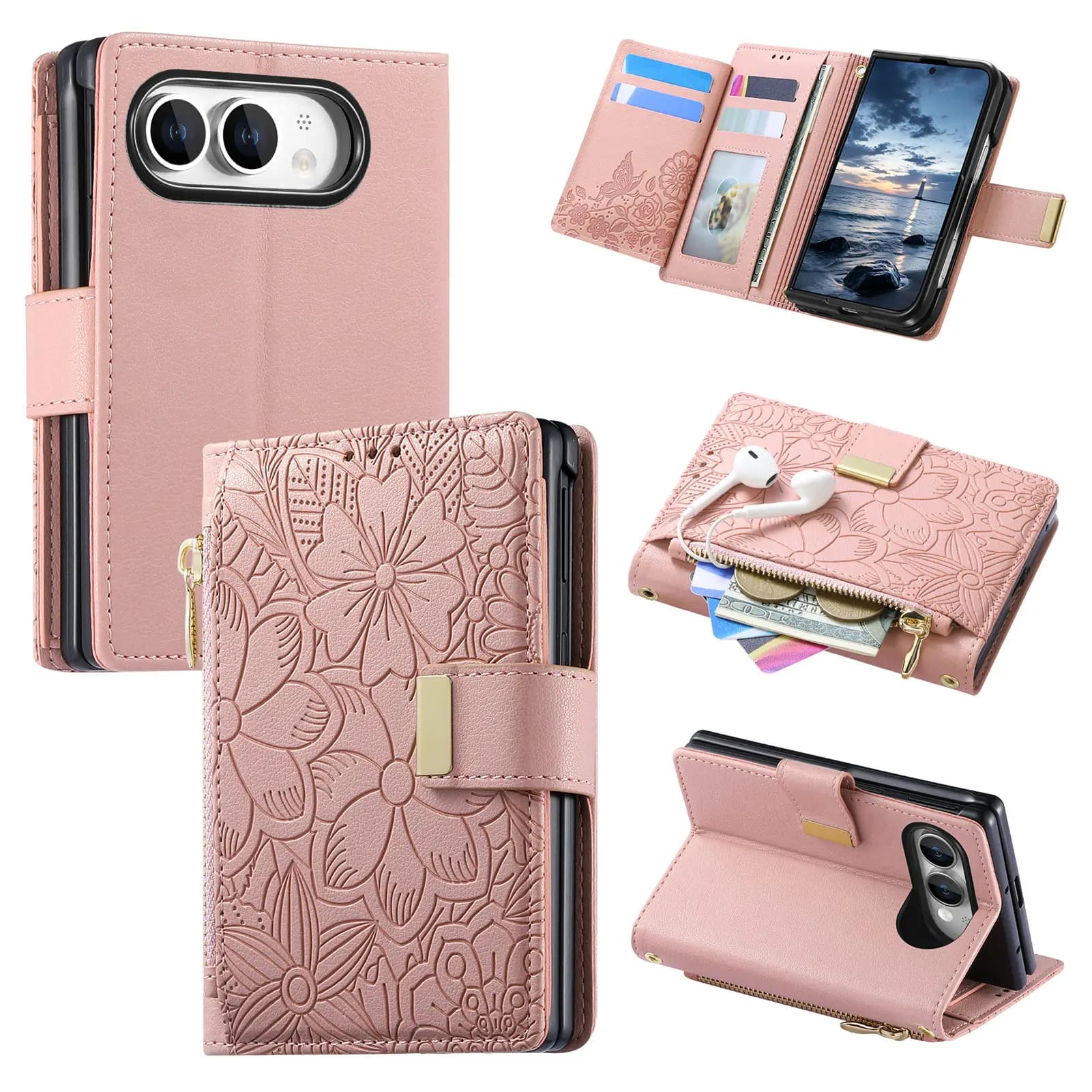 Fashion Embossed Flip Cards Solt Wallet Leather Case for iPhone Ultra 18 Fold Wide Hinge Protection‌ Shockproof Book Stand Cover