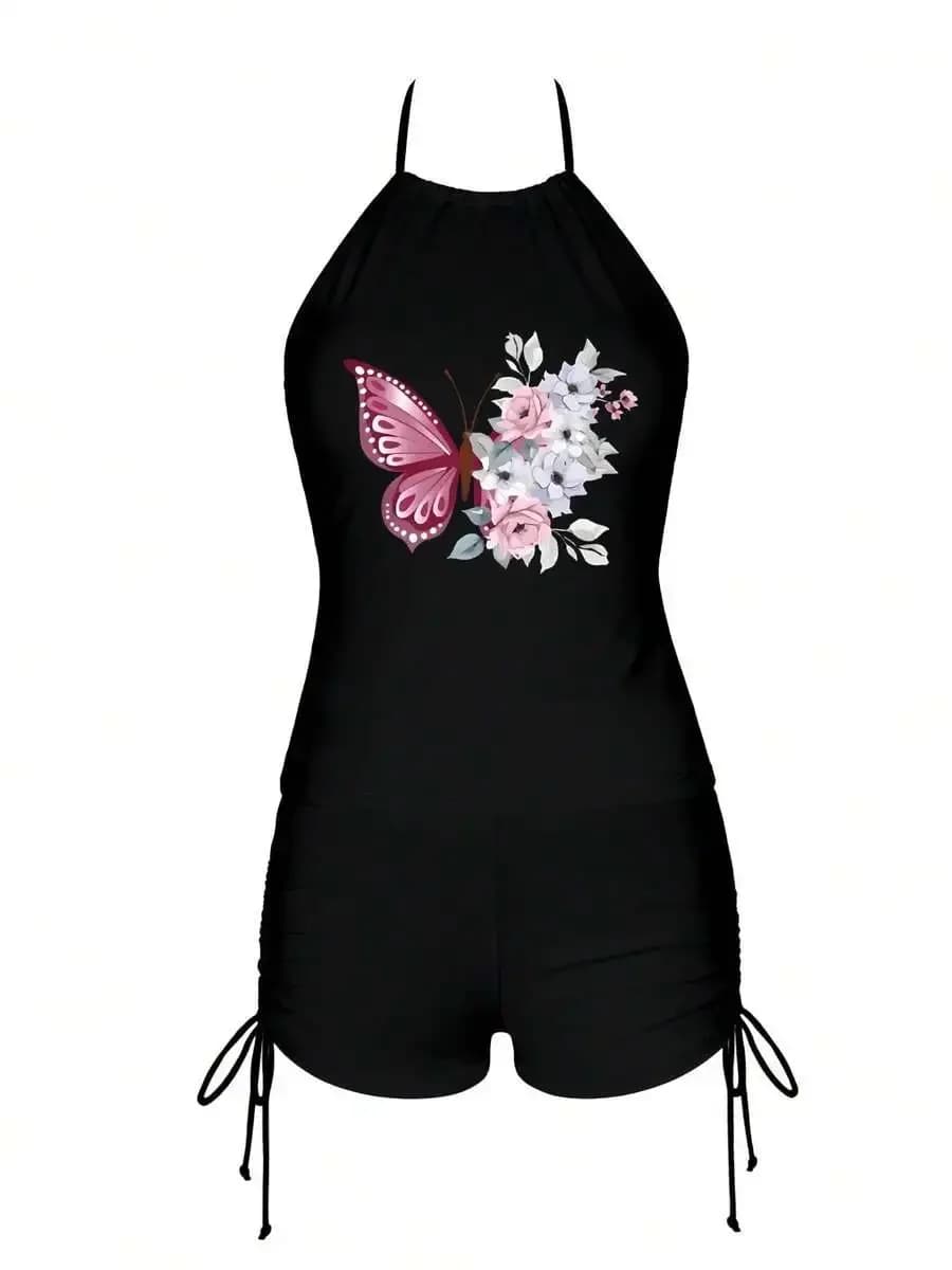 Womens Butterfly And Floral Print Tankini Set With Drawstring Shorts Modest Tummy Control Swimsuit