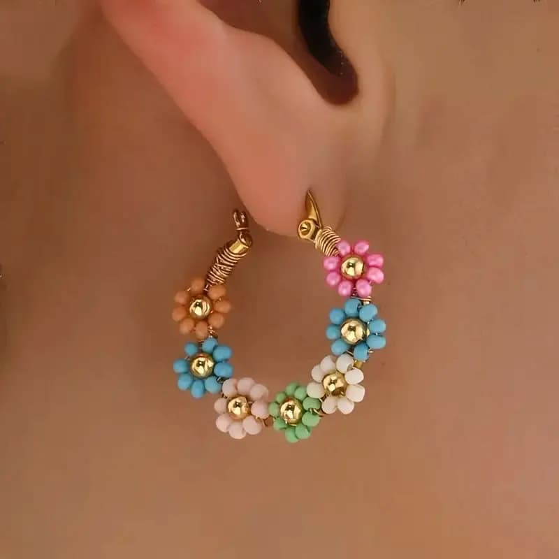 Macaron Multi-Color Seed Bead Flower Circle Click Hoop Earrings Gold Plated Spring Snap Small Floral Fresh Summer Vacation Bohemian Lightweight Ear Cuffs For Women