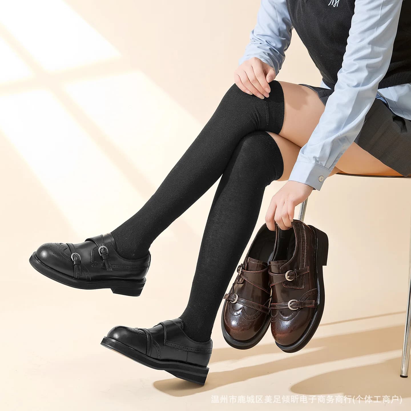 Retro Brogue Double Strap Shoes For Women Brown Shiny Leather Low Block Heel Oxford Loafers Ladies Commute Uniform Dress Shoes