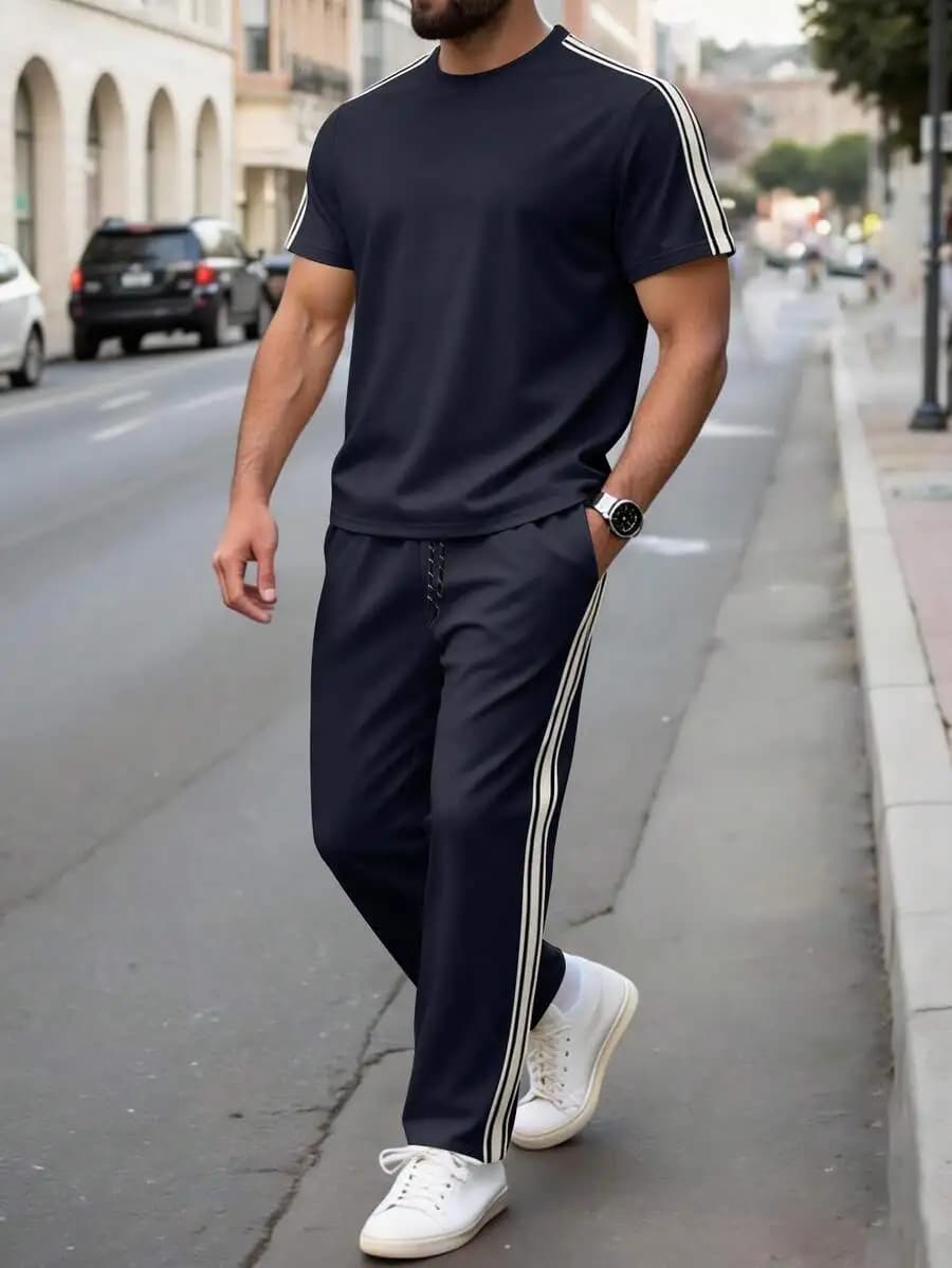 Kolrap Men's Casual Basic Set, Black & White Striped Short Sleeve T-Shirt + Drawstring Sweatpants 2-Piece Set, Summer
