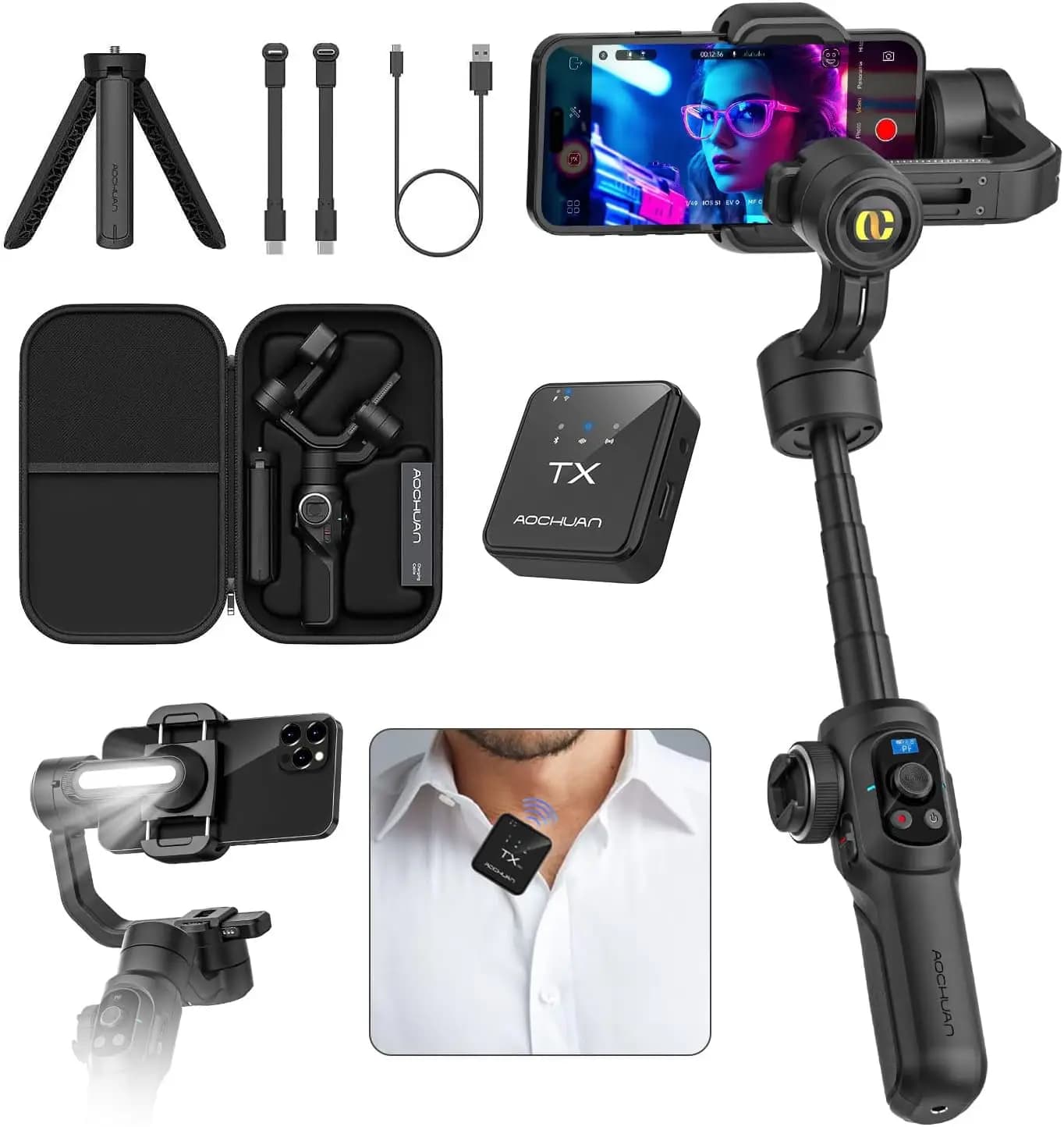 Gimbal Stabilizer for Smartphone with Wireless Microphone, Integrated Light and Extension Rod for iPhone and Android Video Recording