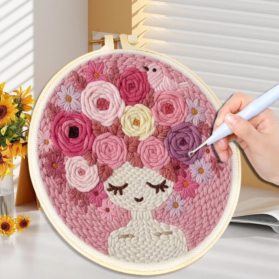 CHENISTORY Punch Needle Kit Floral Girl Punch Needle Embroidery Frame Starter Set Needlework Cross Stitch Kits for Adults 20x20c