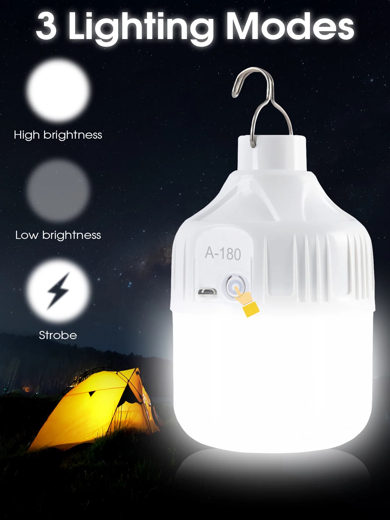 Lampadina da campeggio Illuminazione notturna di emergenza Torcia da picnic all'aperto Lampada da tenda a sospensione Lampada da tenda a sospensione 500mAh Lampadina LED ricaricabile tramite USB