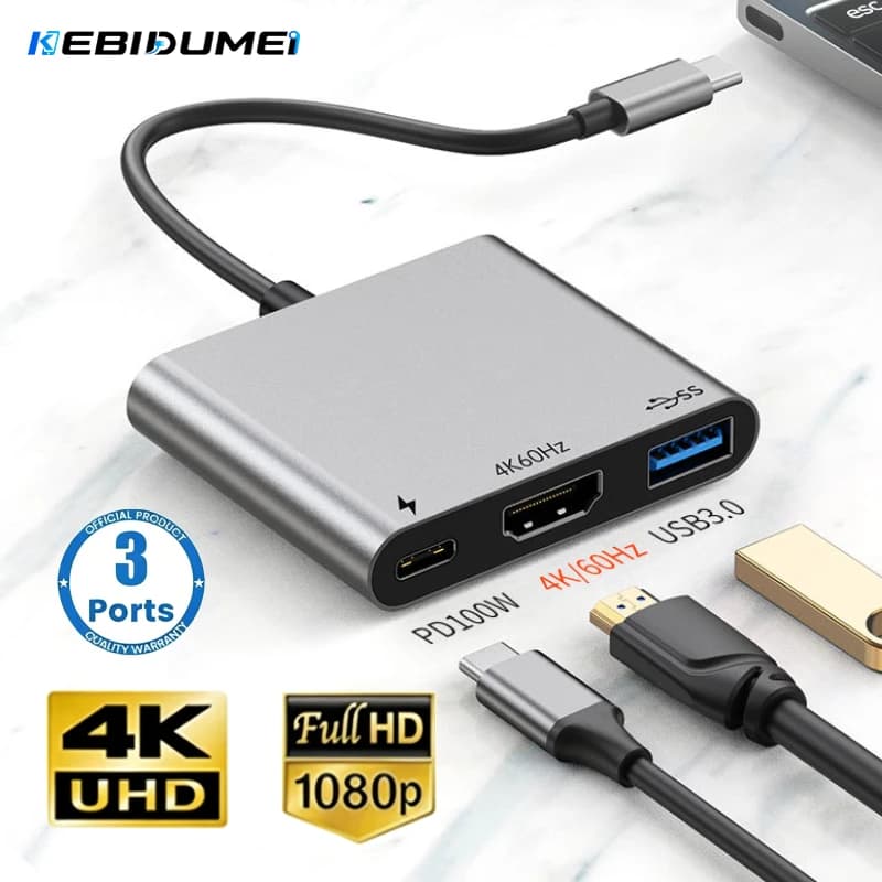 KEBIDUMEI 3 IN 1 USB C to HDMI-Compatible Converter USB 3.1 Hub PD Fast Charging Converter 4K HDMI Adapter For MacBook Phone PC