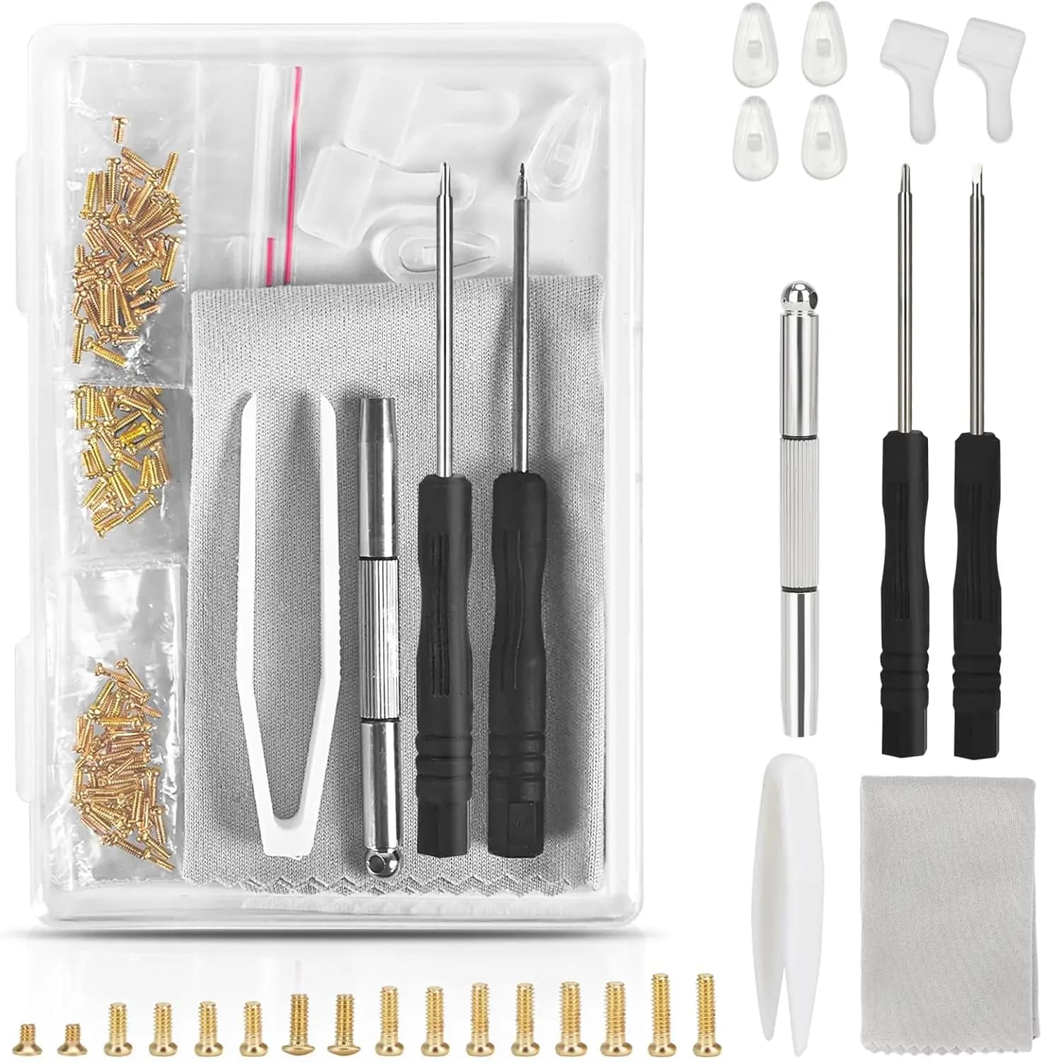 Kit di Riparazione Occhiali in Oro con Viti, Cuscinetti Nasali e Set Cacciaviti per Occhiali, Occhiali da Sole e Orologi