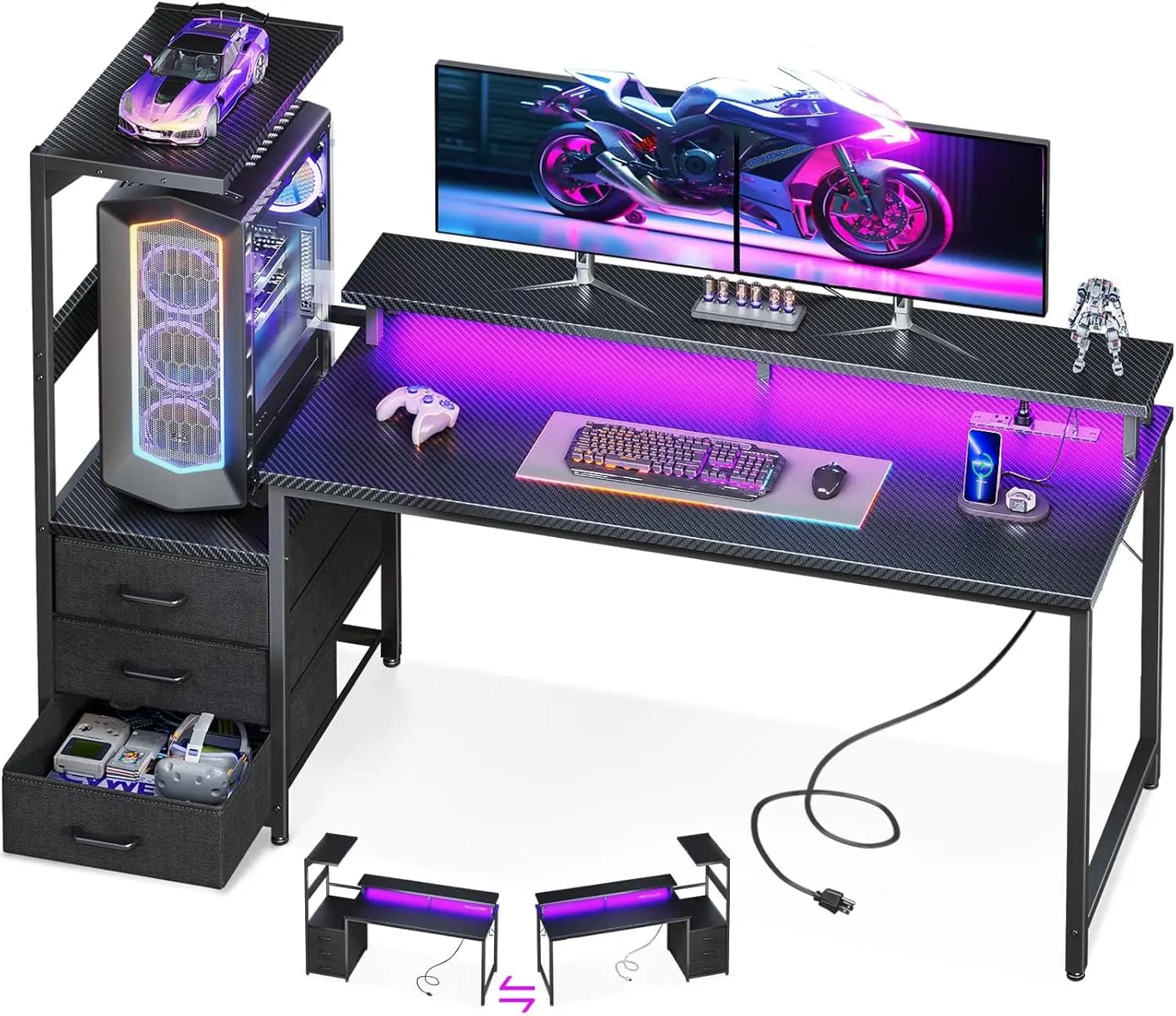 59-inch Gaming Desk with USB Charging, LED Light, Storage Pads and Monitor Support - Modern Table for Black Carbon Fiber Gamer