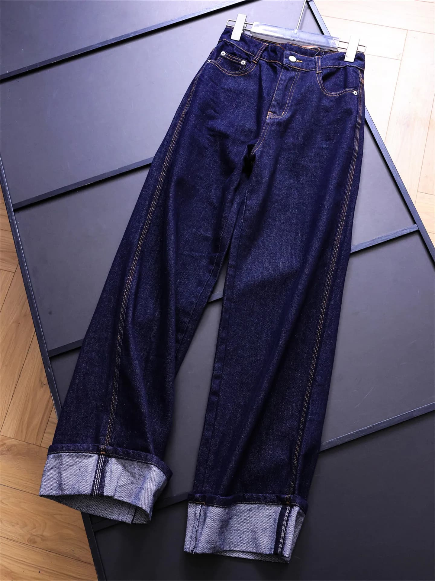 High Waist Wide Leg Jeans Women's Pure Color Denim Blue Slimming Tilted Color Cuffed Long Pants Fashionable Casual Cotton