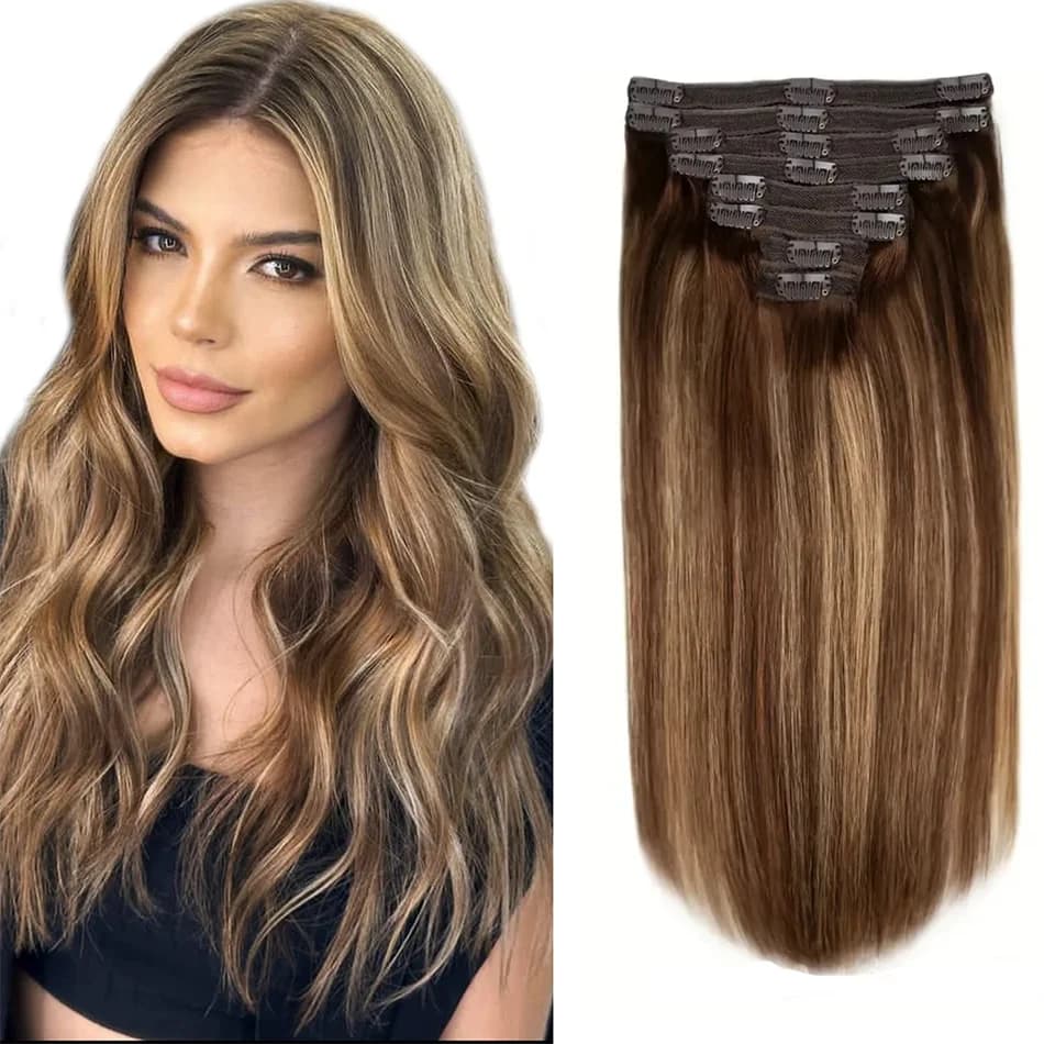 Clip in Hair Extension Human Hair Real Piano Color 427 Natural Machine Remy Clip in Extensions Double Weft Clip Ins Add Volume