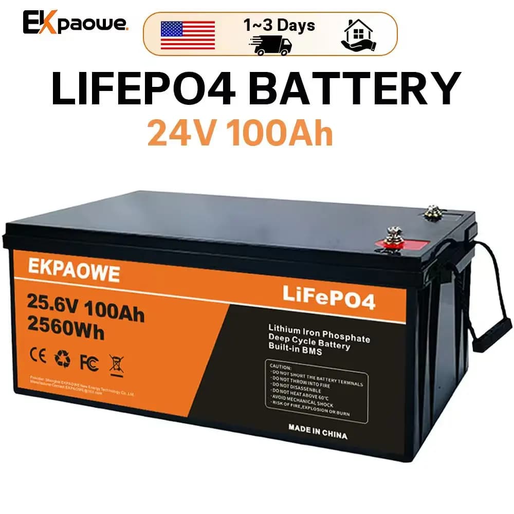 EKPAOWE 24V 25.6V 100AH LiFePO4 Battery 6000+ deep Cycles Rechargeable Lithium Battery Pack up to 48V 51.2V 400Ah Low-Temp Protection For Fishing, Portable Power Station, Golf Cart, Boat, Camper, Marine, Trolling Motor, Off-Grid, Solar Energy Storage
