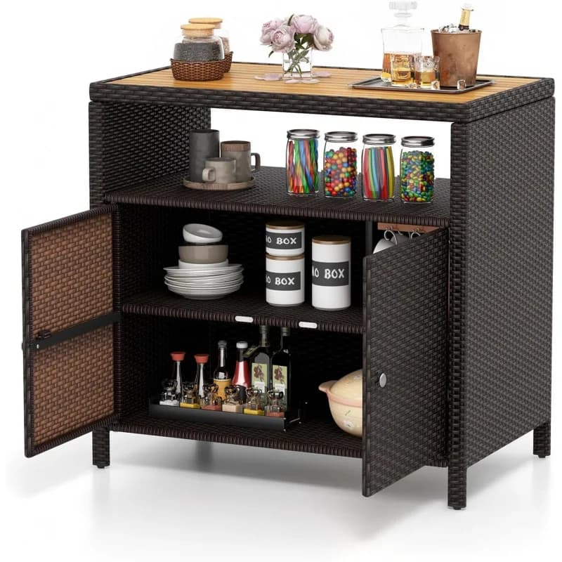 Mobile da Esterno in Rattan, Credenza con Piano in Legno di Acacia, Tavolo Bar da Esterno a 2 Ante con Ripiano Aperto, Resistente alle Intemperie
