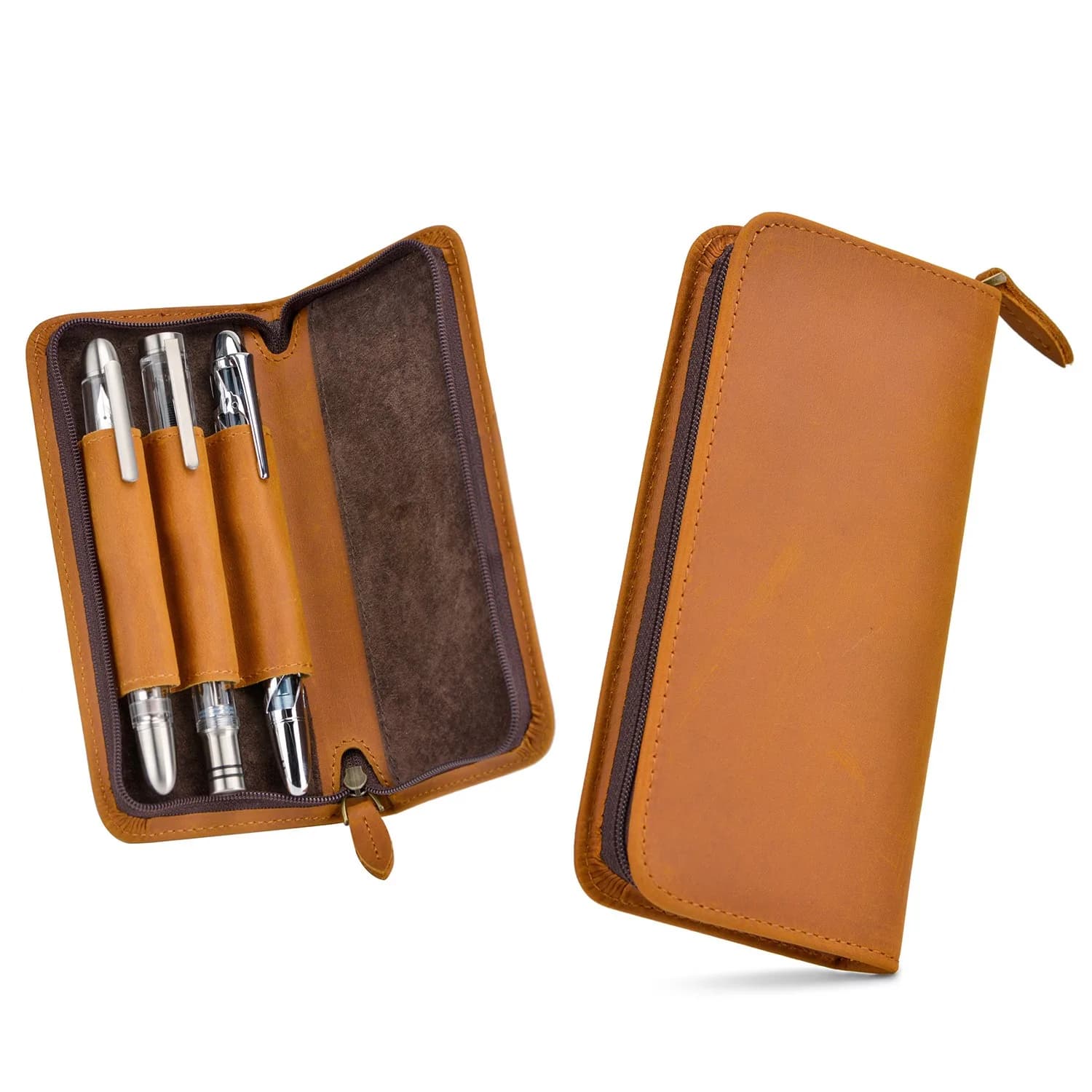 Asvine Luxury 3 Slots Fountain Pen Case Pencil Bag Portable Crazy Horse Leather Retro Pen Pouch Office Students Stationery