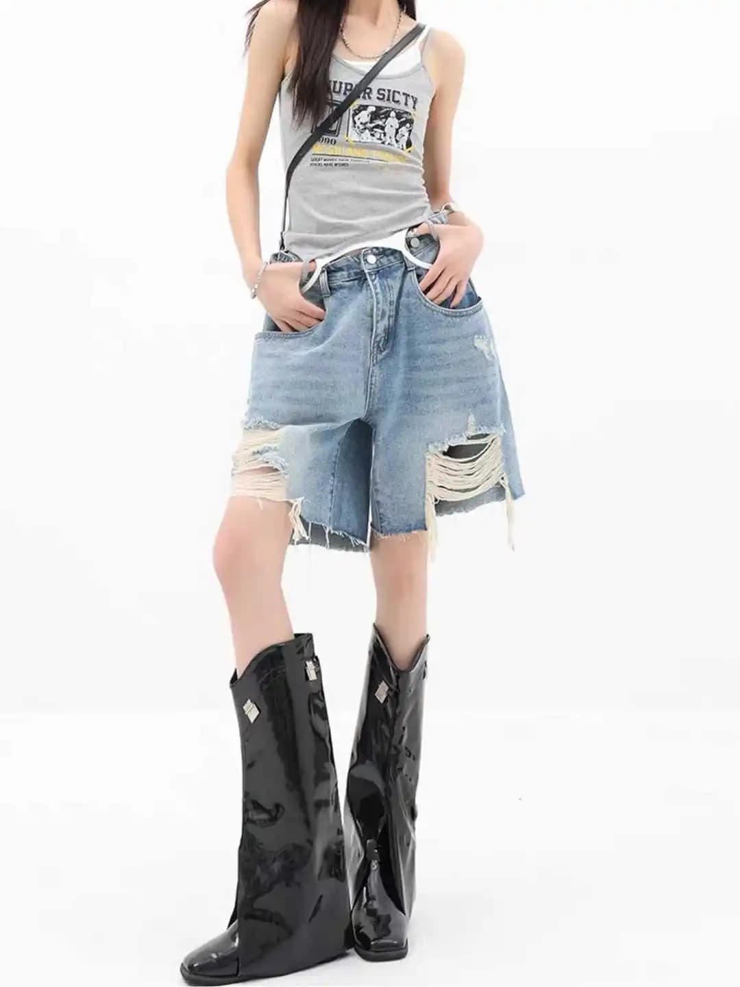 New Denim Shorts Straped by Women's Summer Style American Boyfriend Y2K Years '00 Japanese Punk Harajuku Streetwear Jeans at Ginocchio Fashion