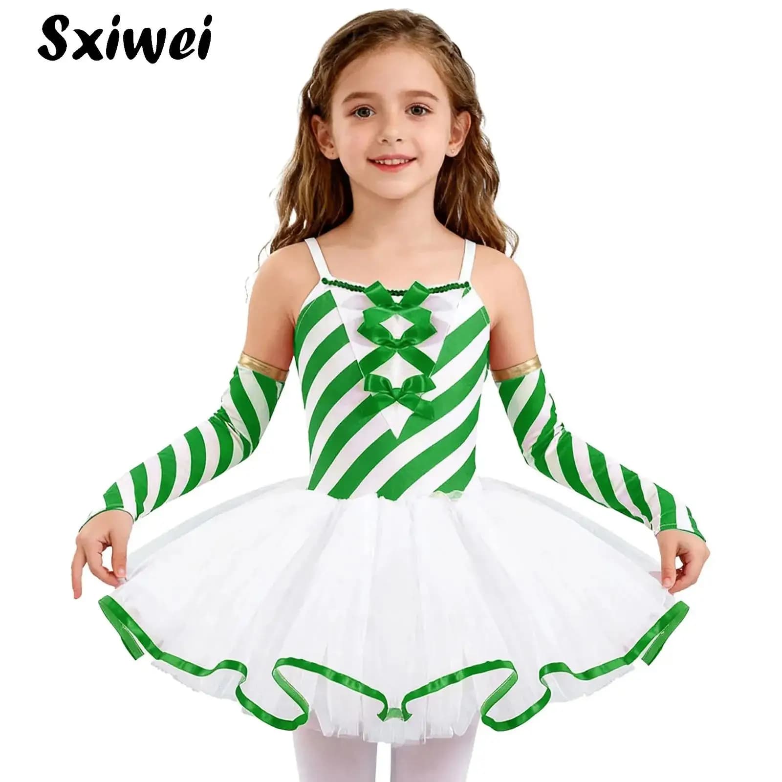 Costume da ragazza con bastoncino di zucchero, signora, Babbo Natale, danza di Natale, figura, pattinaggio su ghiaccio, vestito da tutu, body da balletto, set di abbigliamento da ballo