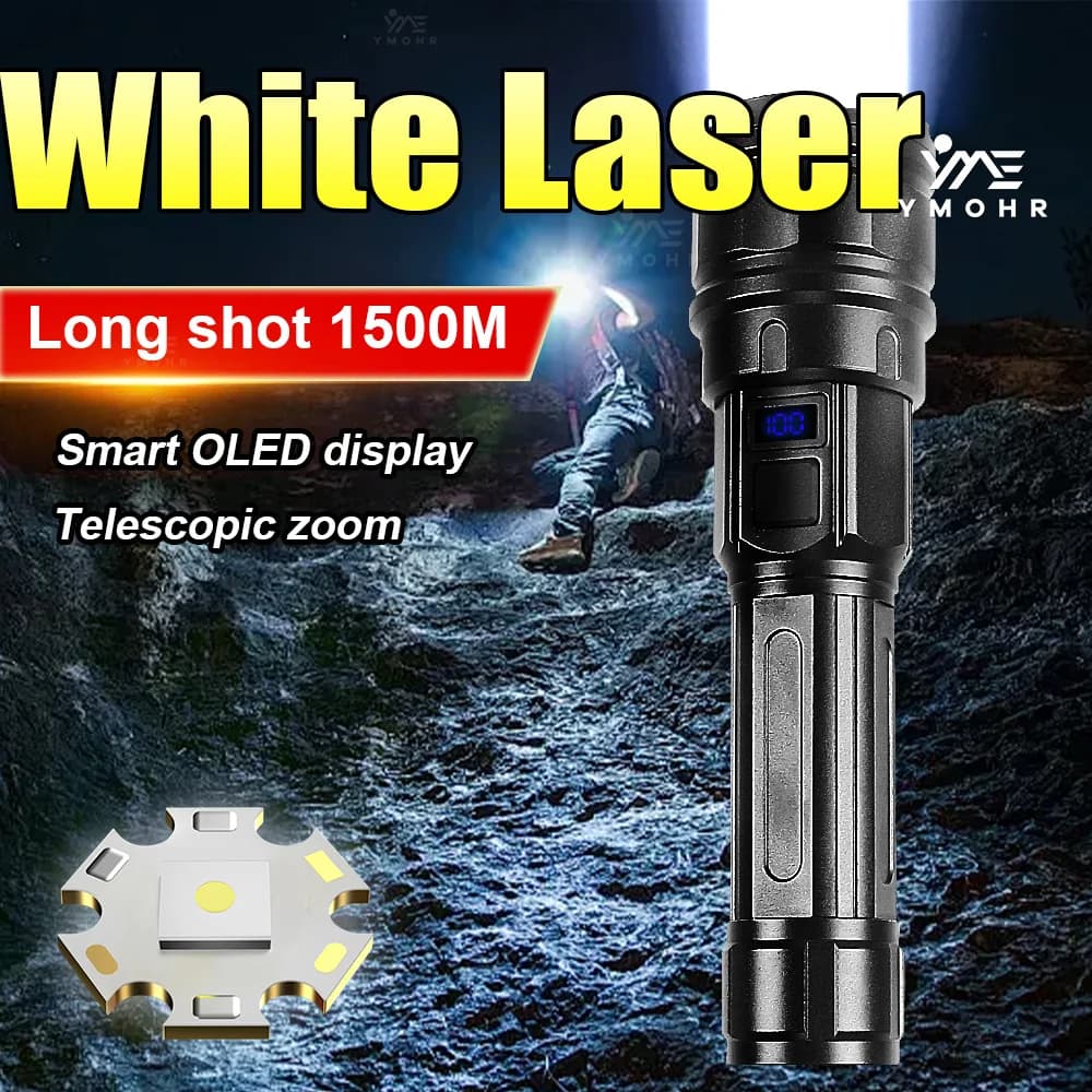Torcia Laser Bianca ad Alta Potenza Ricaricabile, Lampada Zoomabile Super Luminosa, Lanterna a Lunga Distanza per Emergenze e Pesca all'Aperto
