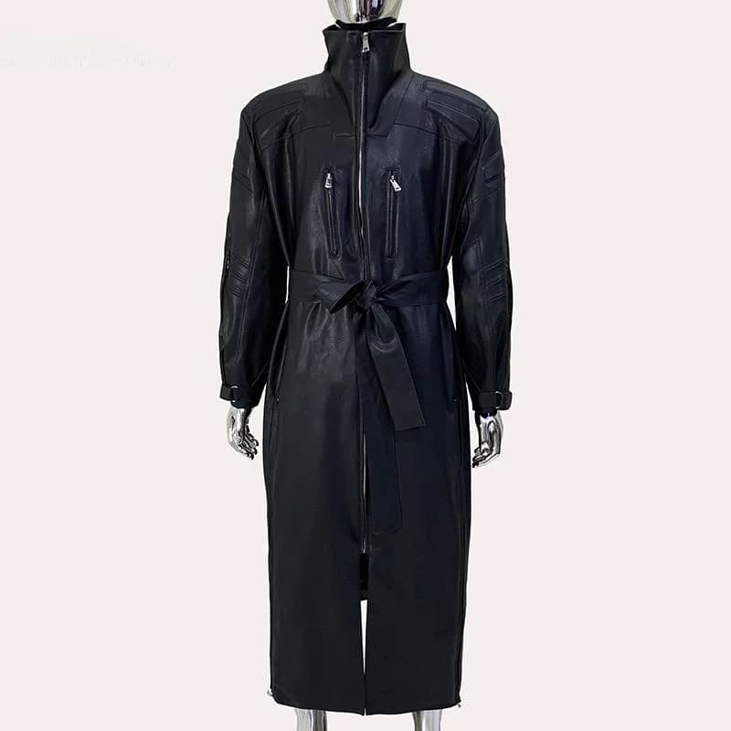 Giacca in Pelle PU Nera Nerazzurri con Collo Lungo e Spalline, Stile Urbano alla Moda per Uomo, Chiusura con Cerniera, Cappotto Monocolore