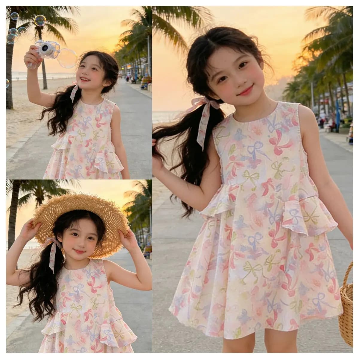 Children's Clothing Summer 2026 New Flower Printed Sleeveless Dress Sweet and Cute Splicing Flower Girls Dresses