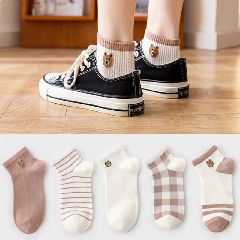 5 Pairs Women's Socks Set Cartoon Teddy Bear Kawaii Breathable Sports Socks Sweet Cute Casual Ankle Socks For Girl Wholesale