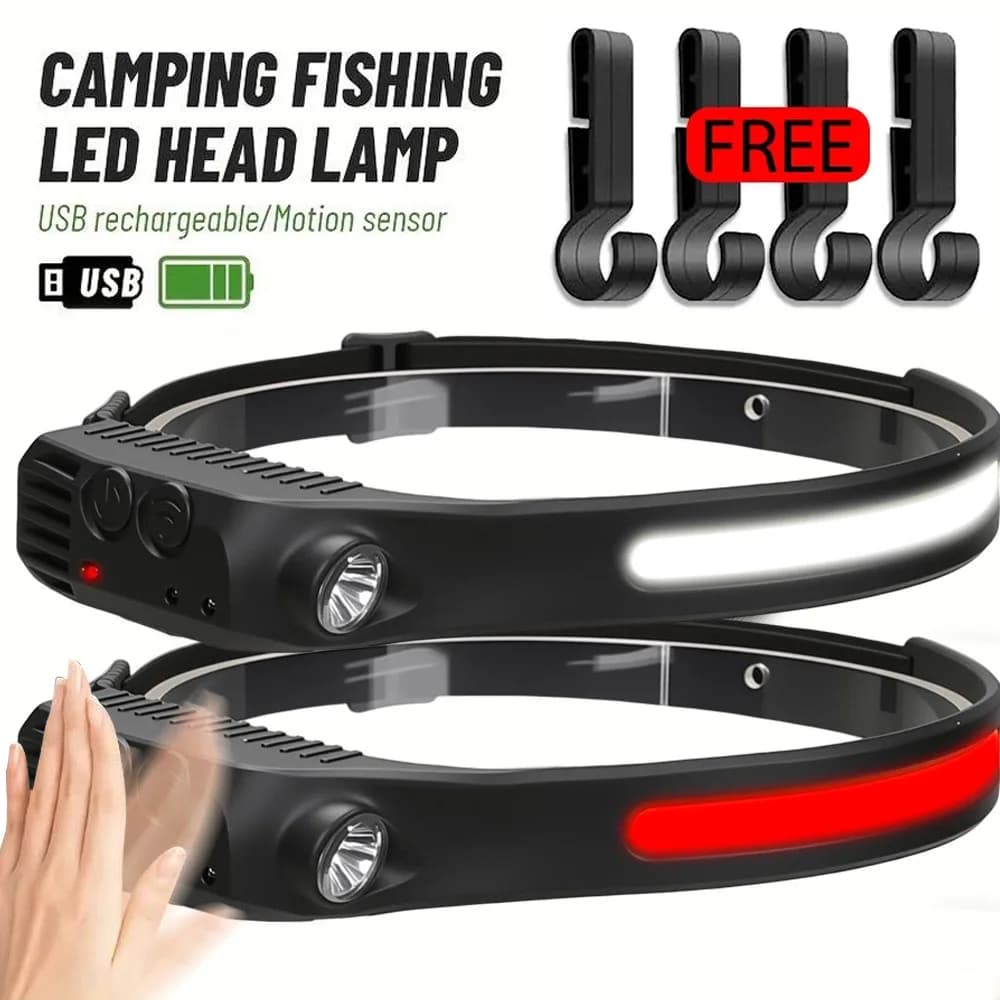 Industrial LED Front Lamp with Sensor COB Rechargeable Front Flashlight 18650 Built-in Battery Camping Lantern for Outdoor Fishing