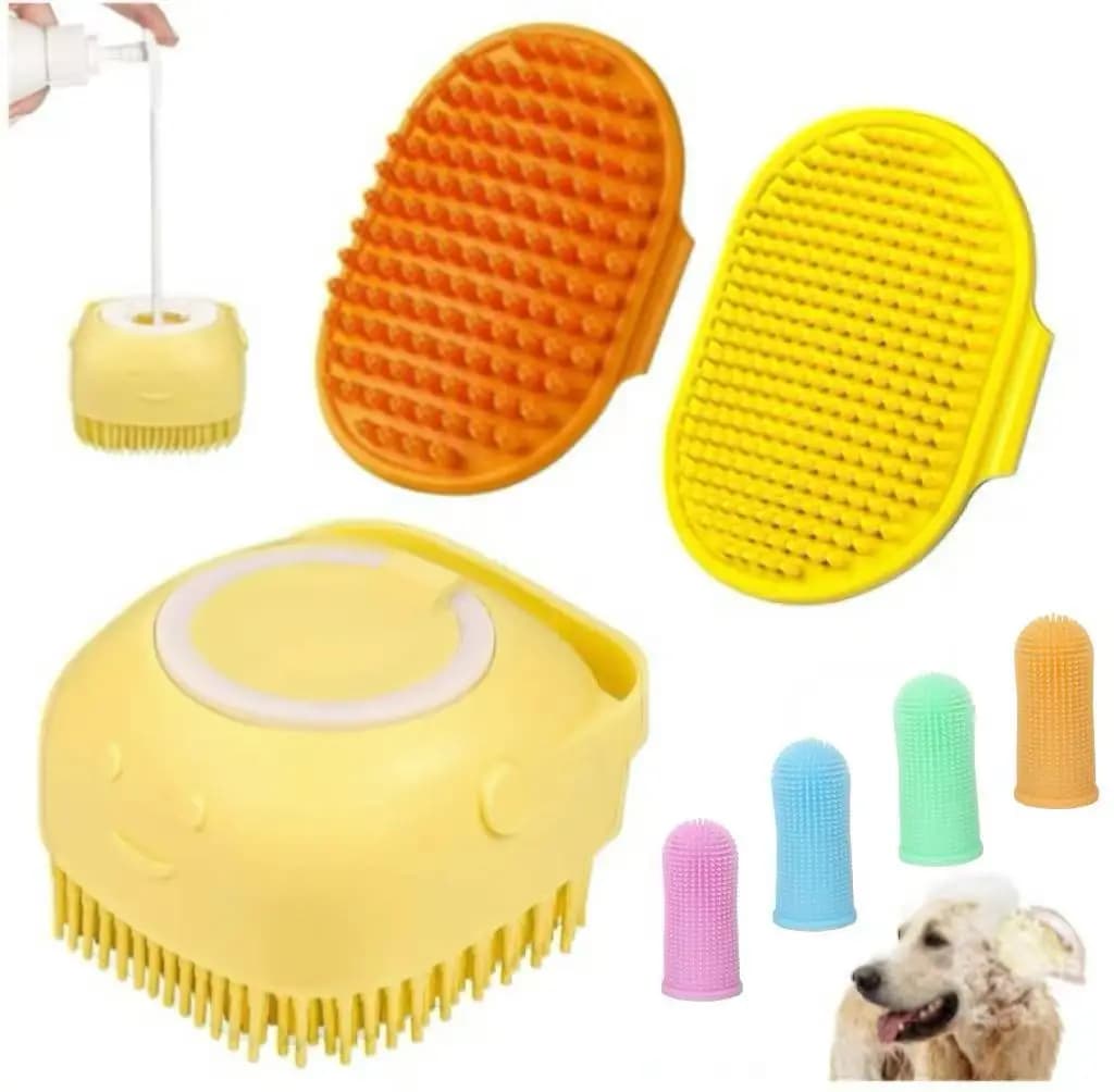 Set da 7 Pezzi per la Cura del Cane: Spazzola da Bagno e Spazzolino da Denti | Spazzola per Shampoo con Manico Regolabile Adatta per Animali Domestici e Gatti a Pelo Corto | Efficace