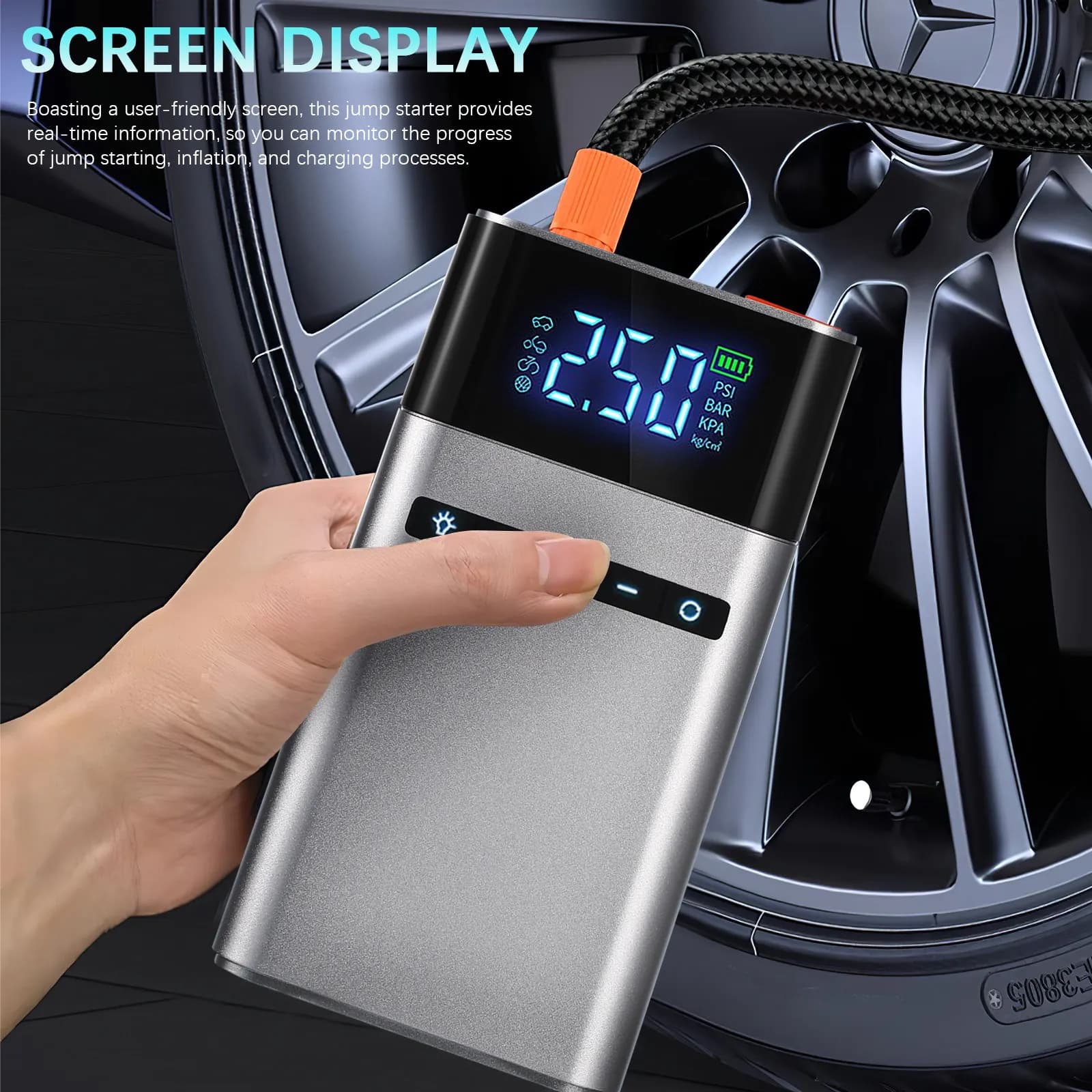 Avviatore d'Emergenza Portatile per Auto 12000mAh, Alimentatore di Emergenza, Pompa Gonfiabile, Gonfiatore Pneumatici, Avviatore Batteria Veicolo, Alimentazione USB