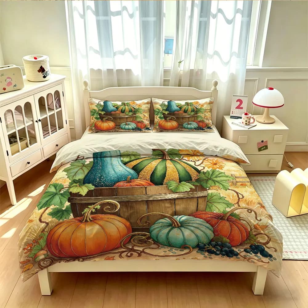 3pcs wooden colorful pumpkin harvest-themed bedding set a duvet cover and two pillowcases soft decorating bedrooms